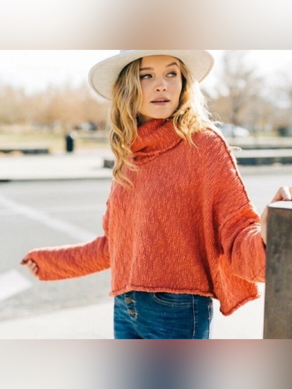 FREE PEOPLE Big Easy Cowl Rust Terracotta Pullover Cropped Turtleneck Sweater XS